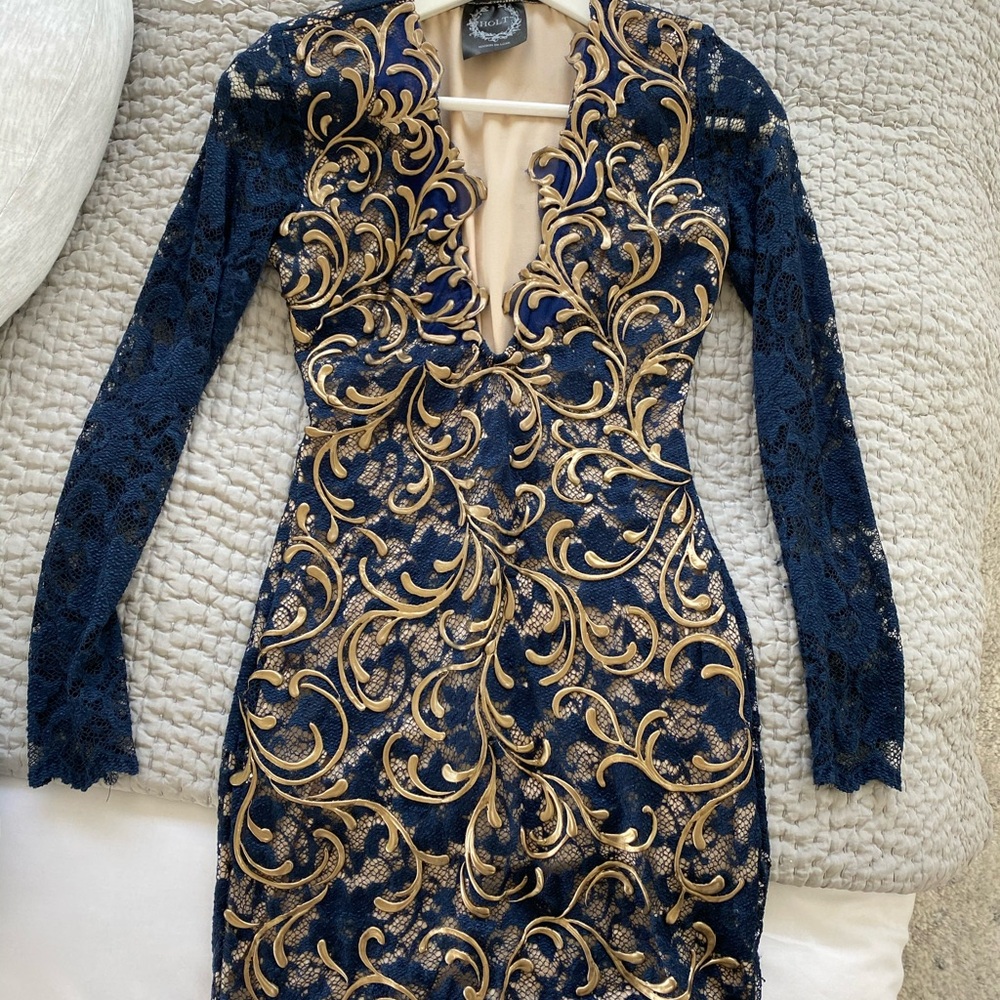 Gold and Cream Long Sleeve Bodycon Dress with Plunge Neckline